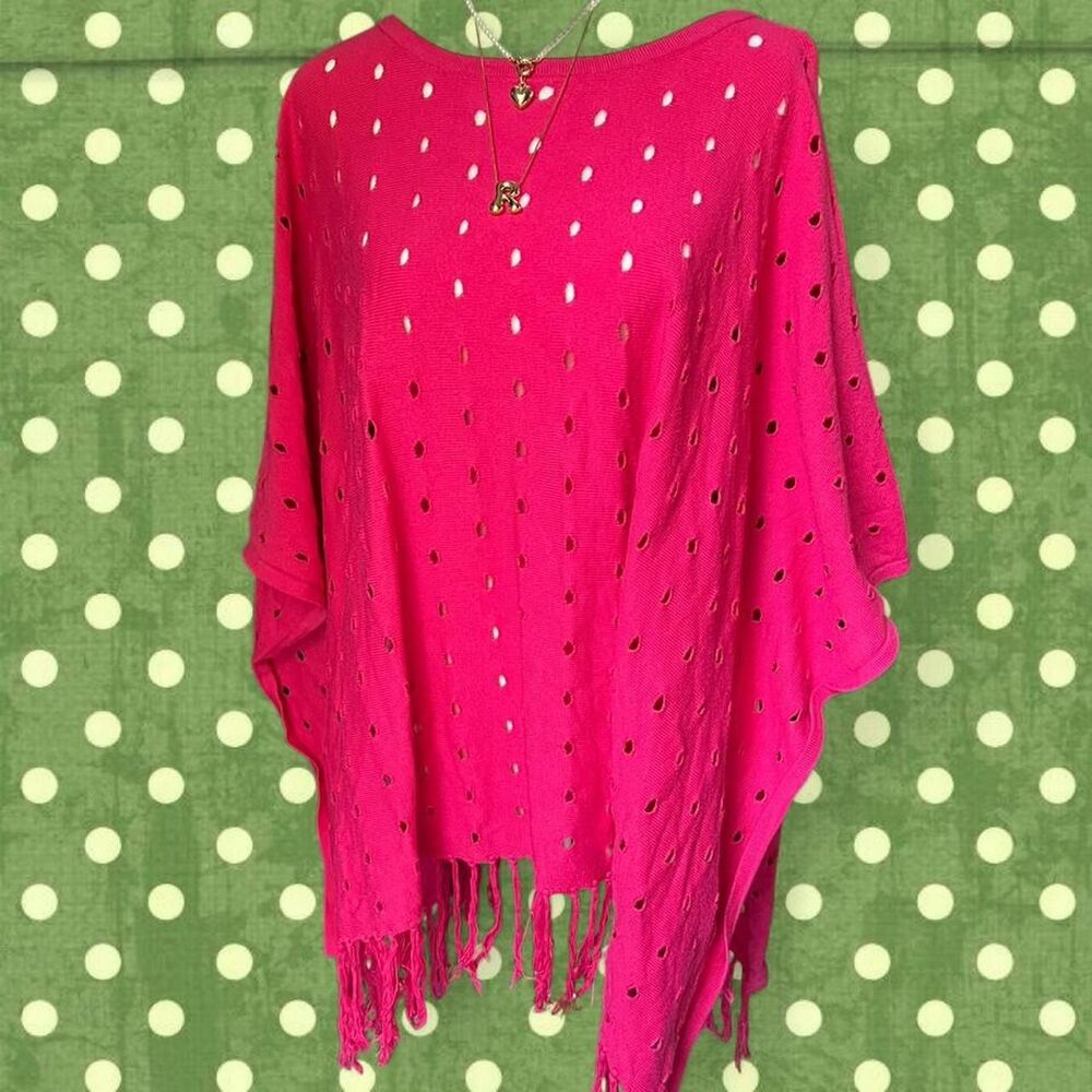 Hot Pink Vintage Knit Cutout Poncho with Fringe